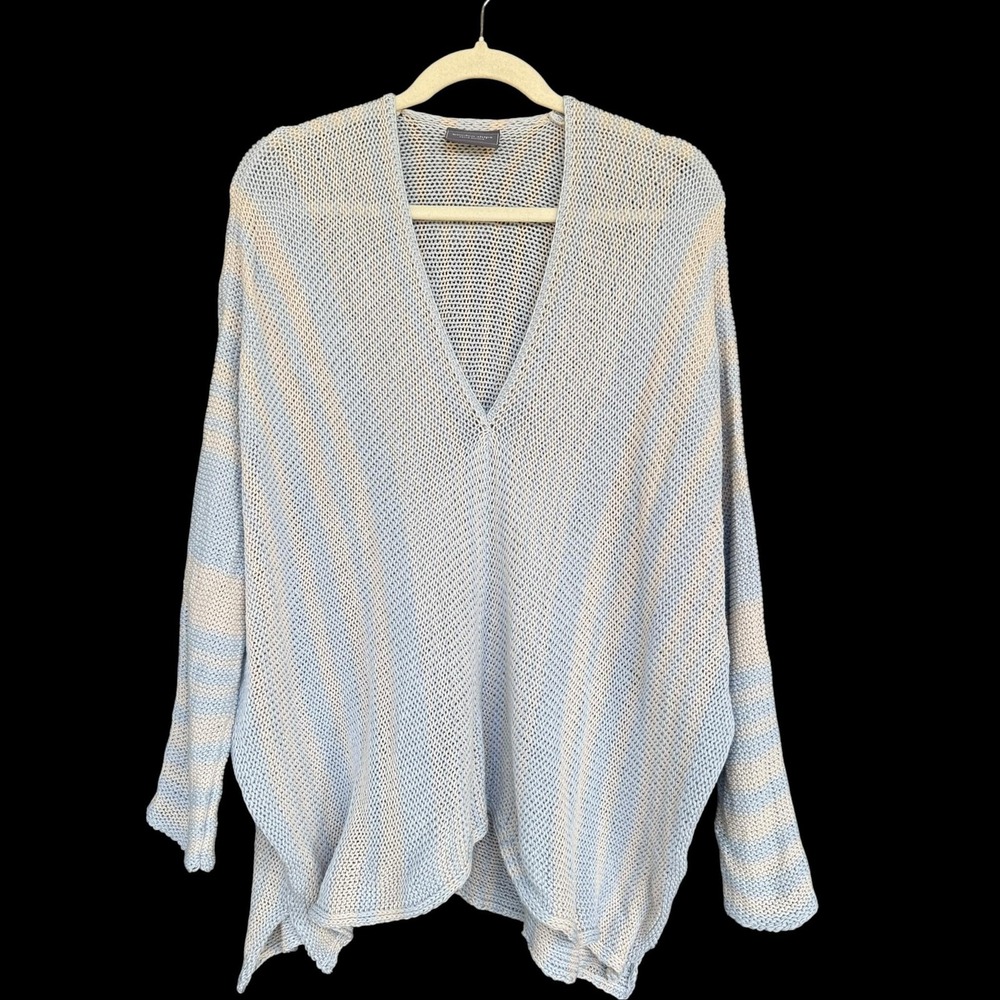Wooden Ships Sweater Womens M/L Blue Striped V Neck Open Knit Oversized Pullover